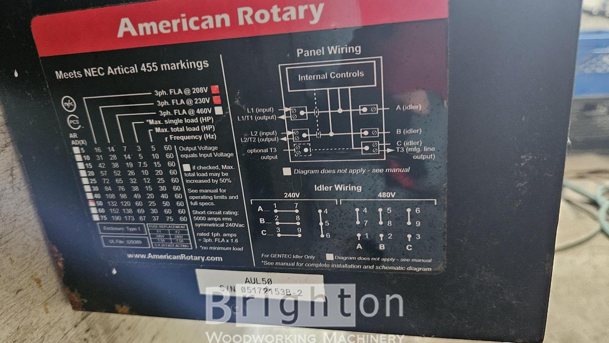 Used American Rotary Used heavy duty rotary phase converter in mint condition. System will be removed from the wall and prepared on a skid for shipping. #BM2866