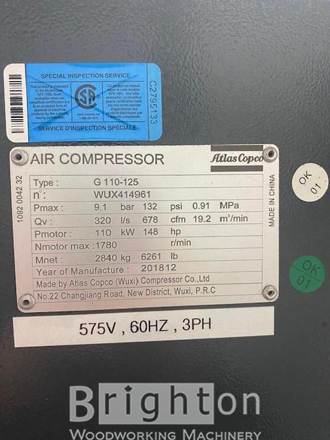 Used 2019 Atlas Copco G110 660 CFM Compressor with Refrigerant dryer #BBM2756