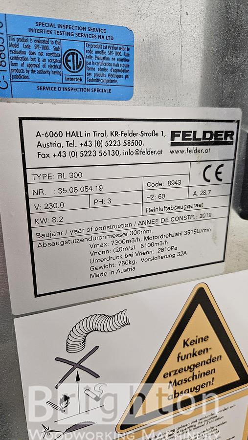 Used 2019 Felder RL300 used dust collector. "Because a clean workspace is a happy workspace". #BM2714