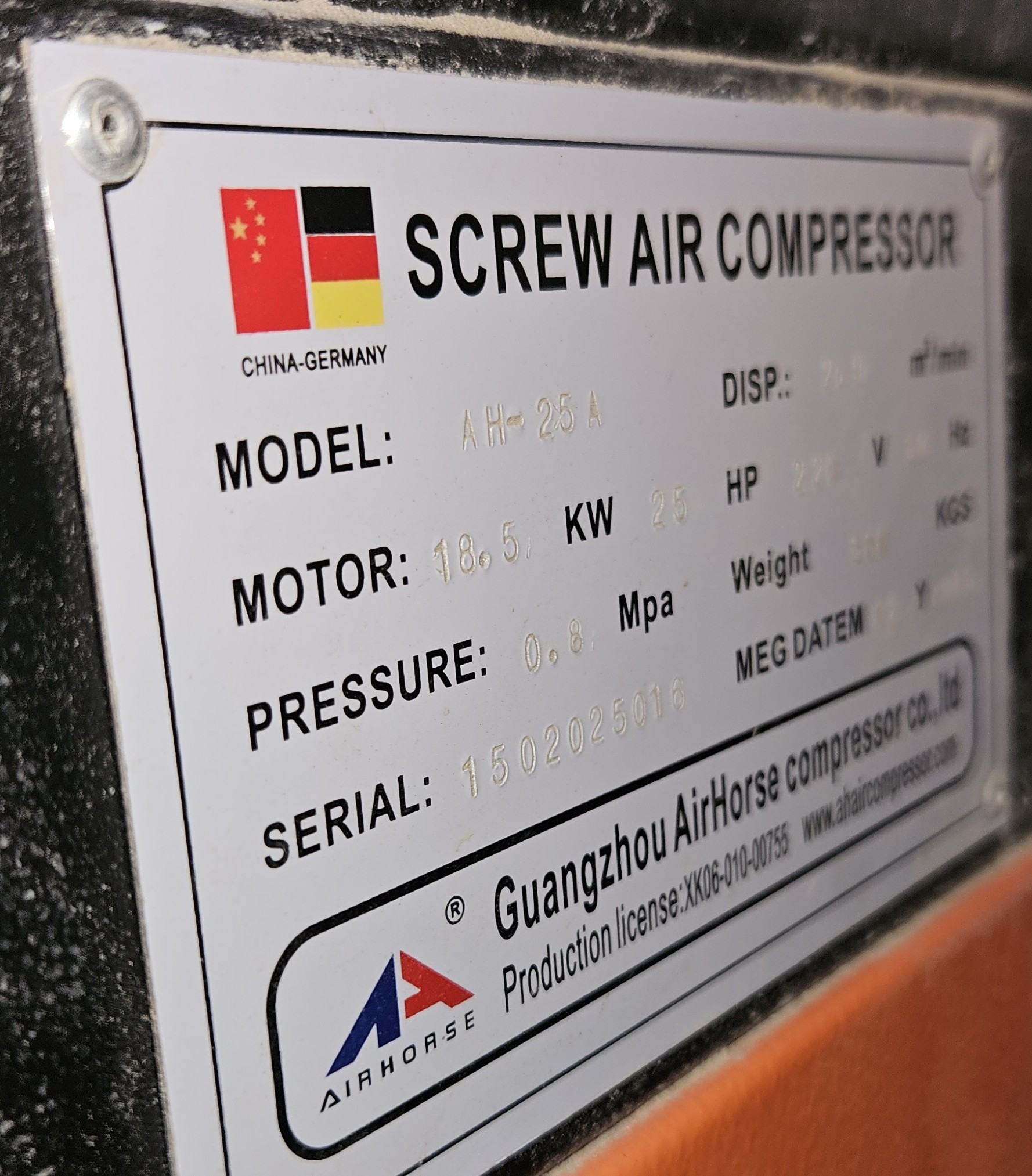 Used 2015 Airhorse AH-25A used screw compressor #BBM2827