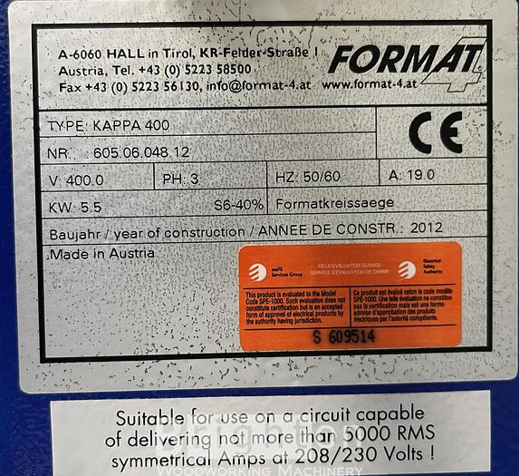 Used 2012 Felder Format 4 K400 X-Motion Used Sliding Table Saw #BM2549