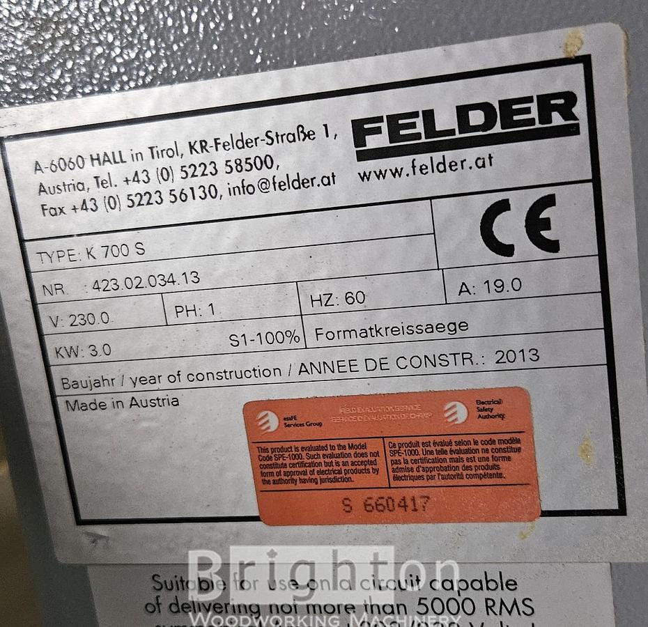 Used 2013 Felder K700s Sliding Table Saw used sliding table saw, Single Phase #BM2831
