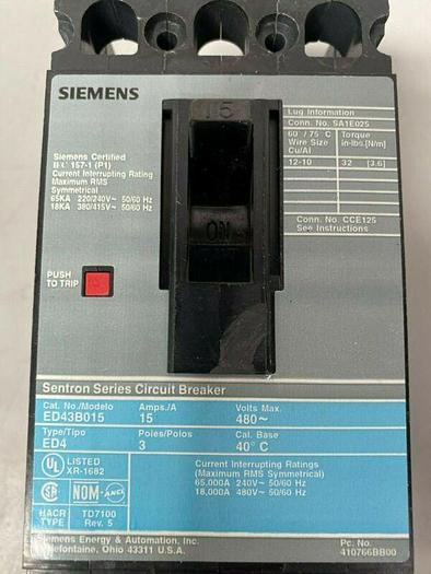 Used Siemens EBD43B015 Sentron Series Circuit Breaker