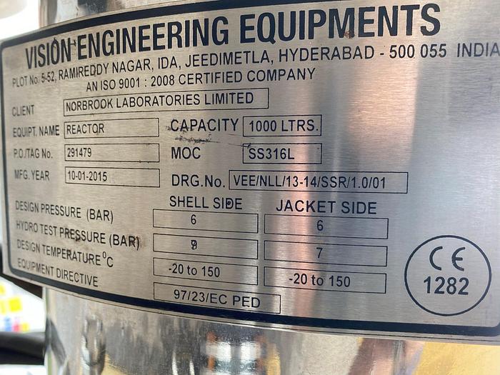 Used 1,000 Litre Pharmaceutical Reactor Tank