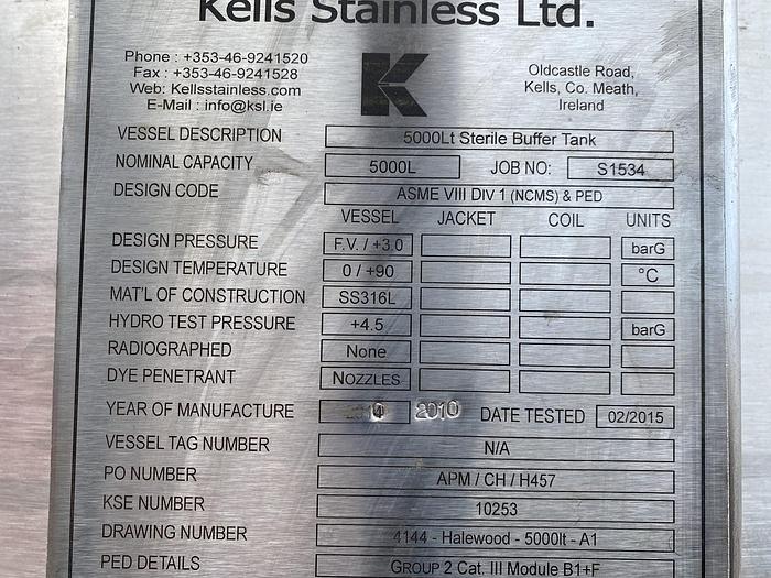 Used 5,000 Litre Pressurised Stainless Steel Tank