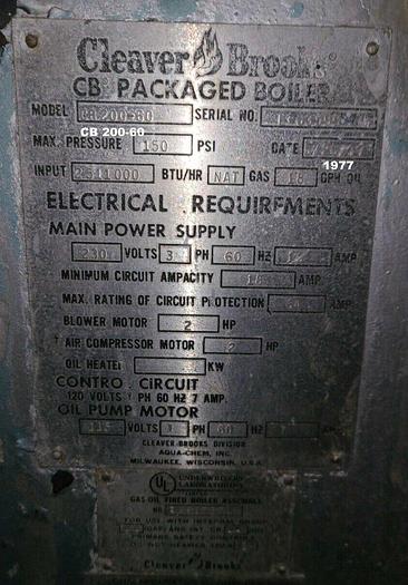 Used 1977 Cleaver Brooks  CB200-60 60HP 150 PSI Steam Boiler firetude