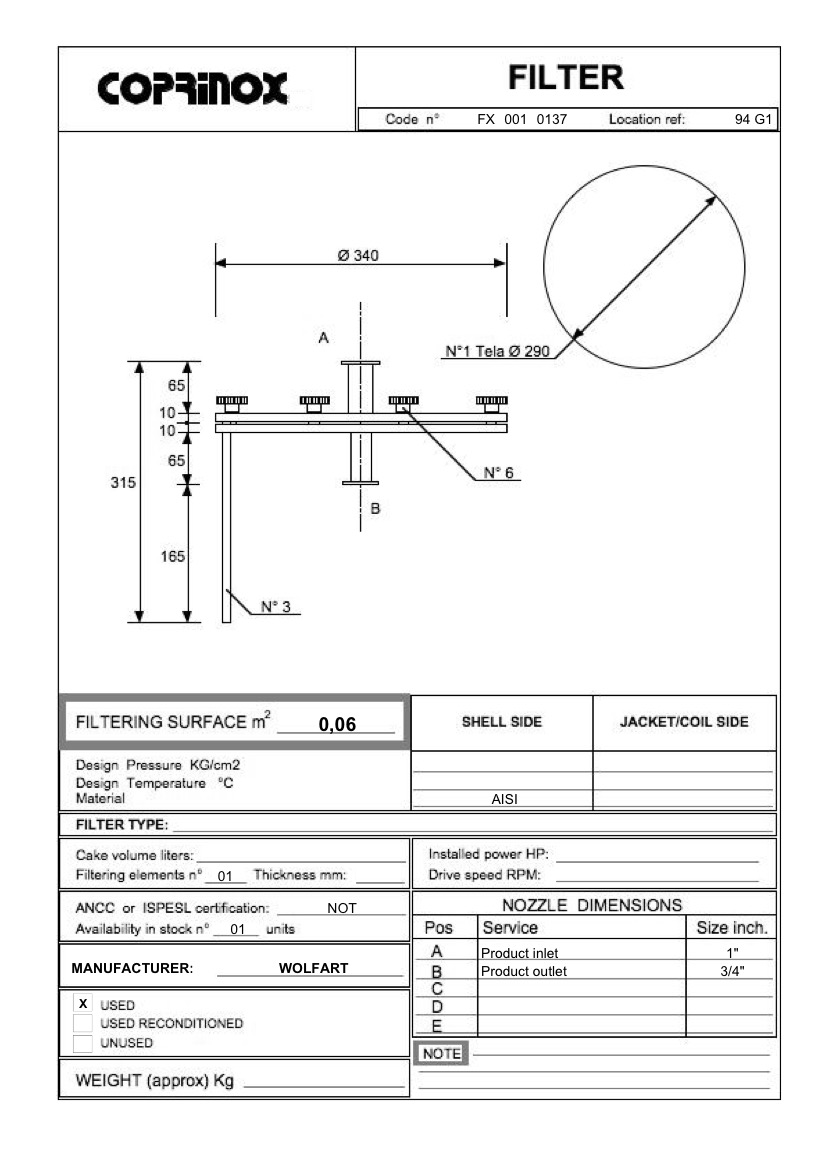 Usato Filtro WOLFART a 1 piatto, 0,06 m2