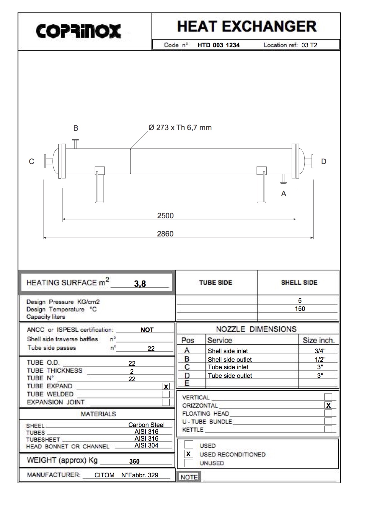 Used CITOM heat exchanger Factory no. 329 of 3.8 square meters
