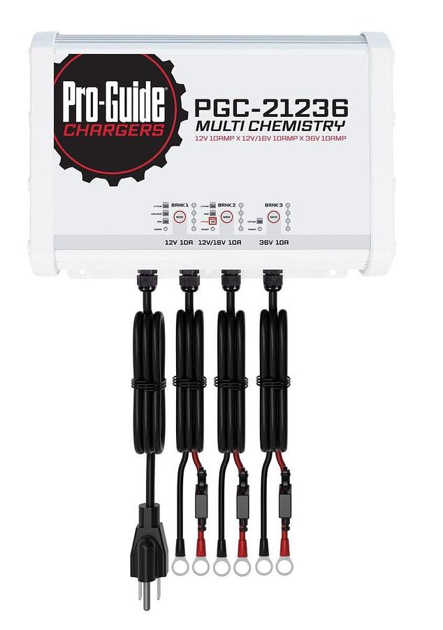 Pro-Guide PGC-21236 3-Bank 1x12V/10A Lead Acid/LiFePO4, 1x 12V/16V/10A AGM/LiFePO4 and 1x36V 10A LiFePO4 On Board Charger, IP68