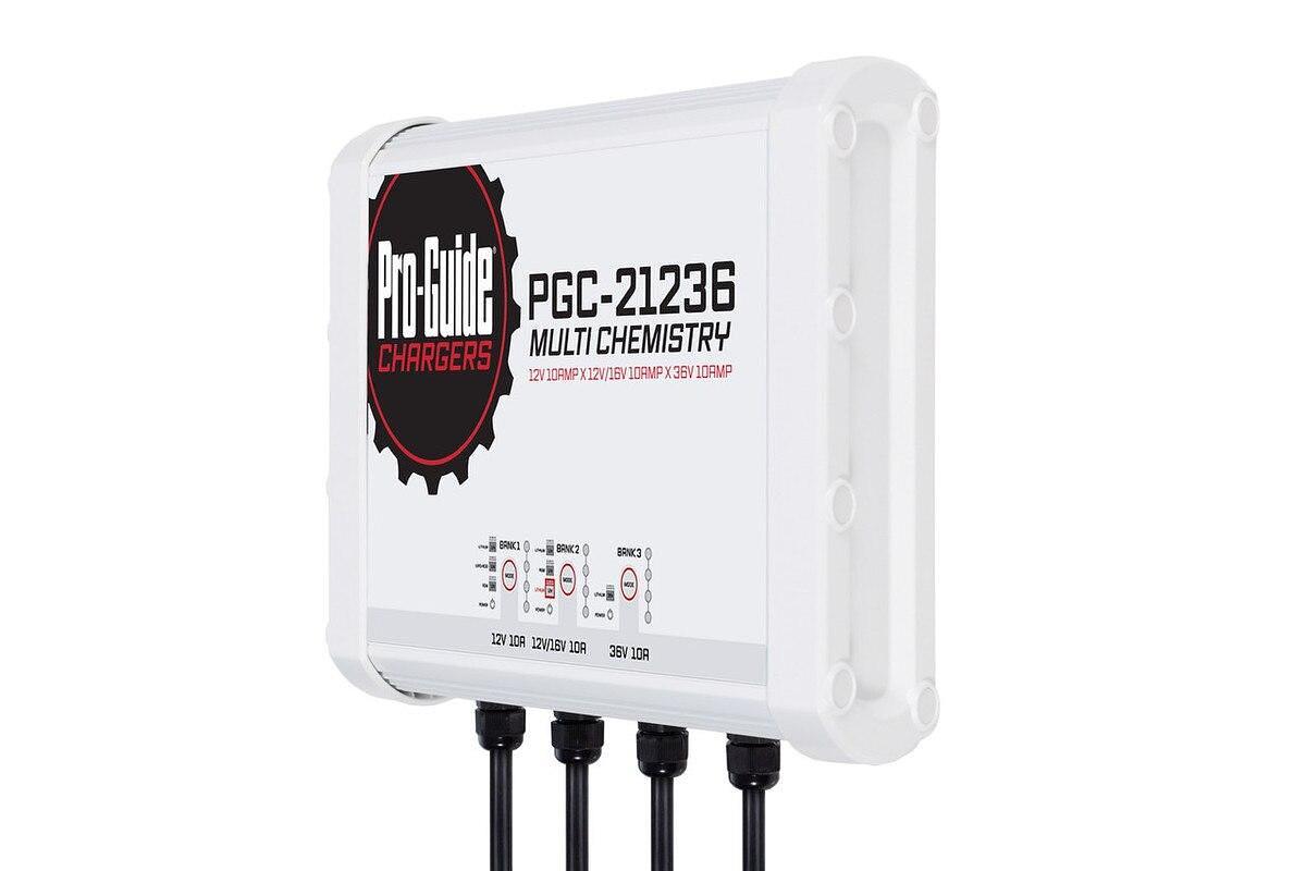 Pro-Guide PGC-21236 3-Bank 1x12V/10A Lead Acid/LiFePO4, 1x 12V/16V/10A AGM/LiFePO4 and 1x36V 10A LiFePO4 On Board Charger, IP68