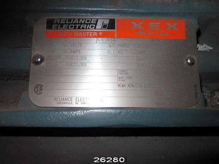 Used Reliance P44G0495B Ac Motor, 100 Hp, 1188 Rpm, 575 Volts, 60 Hz, 1.15 Sf, 444T Frame, Code G, Design B, Class F, 95.0% Efficiency, 85.6% Pf, Drive End Bearing 90Bc030X,  Opp End Bearing 90Bc030X #26280