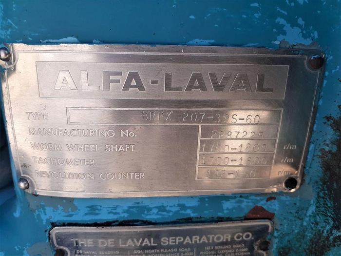 Used Centrifuge, Disc, Auto, Alfa Laval, BRPX-207, 316 S/st, 10 HP #S744533