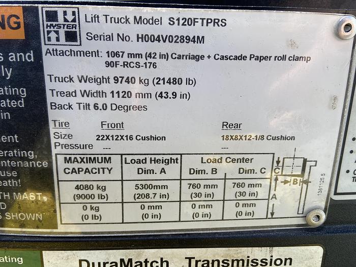 Used 12,000 POUND HYSTER MODEL S120FTPRS PAPER ROLL CLAMP TRUCK 60" CLAMP MFG. 2014