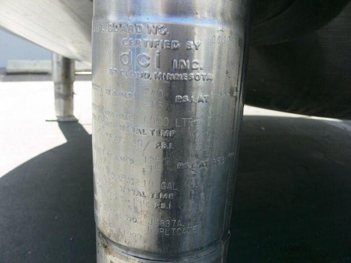 Used DCI 6000 Liter Stainless Steel Jacketed Reactor w/ Top Agitator 40 psi / 125 psi