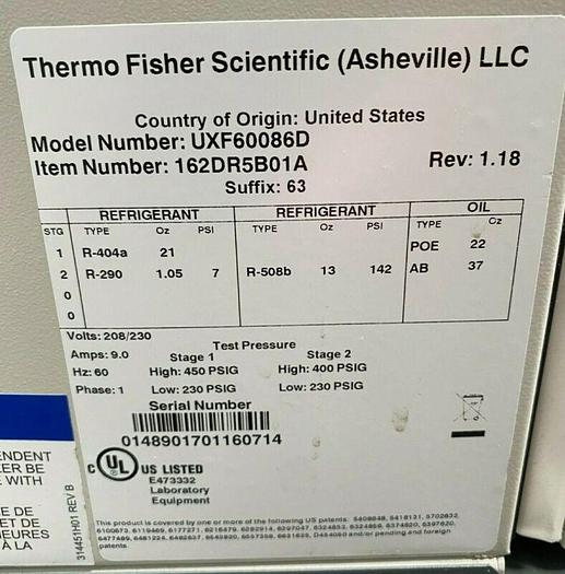 Used Thermo Revco UXF60086D -86 ºC Laboratory Freezer 28.8 Cu Ft 230V