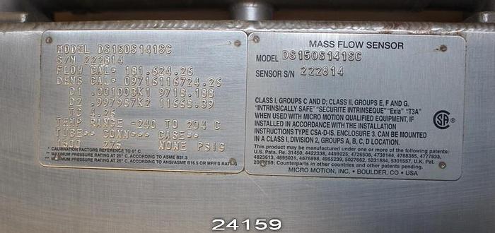 Unused Micromotion DS150S147SC 1 1/2" Micromotion Mass Flow Meter, Stainless Steel, Unused, Flow Cal 181.624, Density Cl 09716116724.26, Temp -240 Degrees C To +204 Degree C, 275 Psig #24159