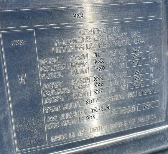 Used 7,500 GALLON FELDMEIER CONE BOTTOM PROCESSOR TANK - SANITARY S/S - JACKETED