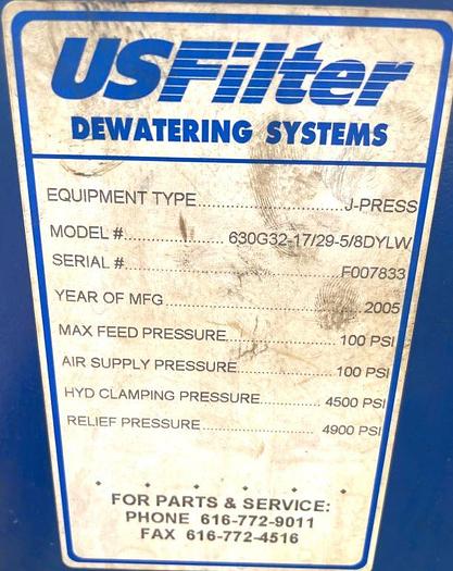 Used 5 CU. FT. US FILTER J-PRESS - 630 MM - AUTOMATIC (EXPANDABLE)