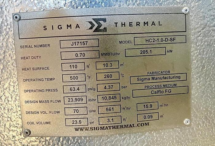 Used 250 KW/HR SIGMA THERMA INC. HOT OIL HEATER