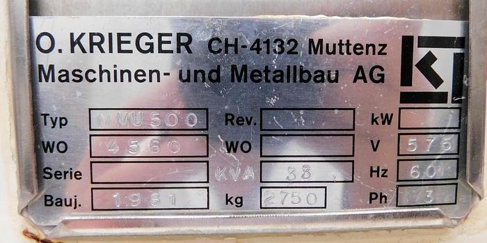 Used 500 LITER KRIEGER TRIPLE MOTION MIXER - 316L S/S - VACUUM - JACKETED