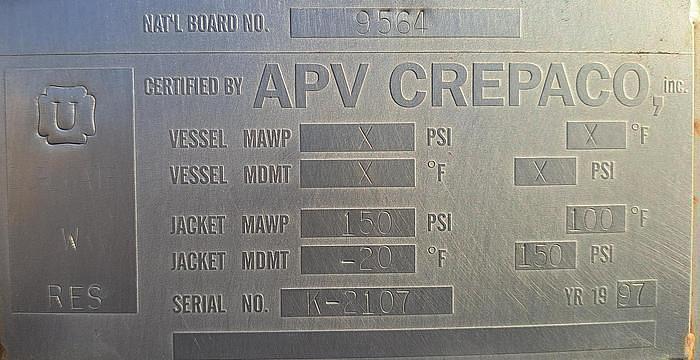 Used 1,000 GALLON APV CREPACO SCRAPER AGITATED PROCESSOR TANK - JACKETED