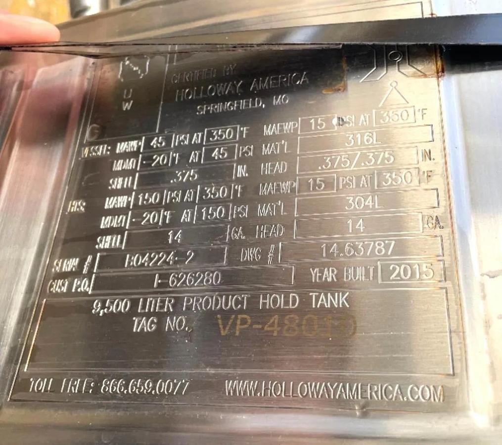 Used 2500 GALLON (9500 LITER) HOLLOWAY SANITARY 316L S/S REACTOR / FERMENTER