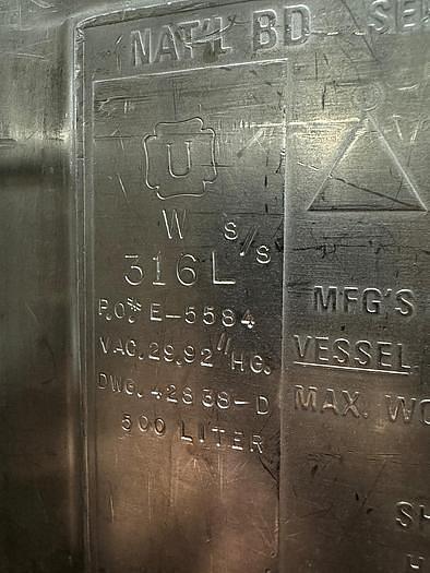 Used 130 GALLON (500-LITER) PRECISION STAINLESS INC. REACTOR VESSEL JACKETED