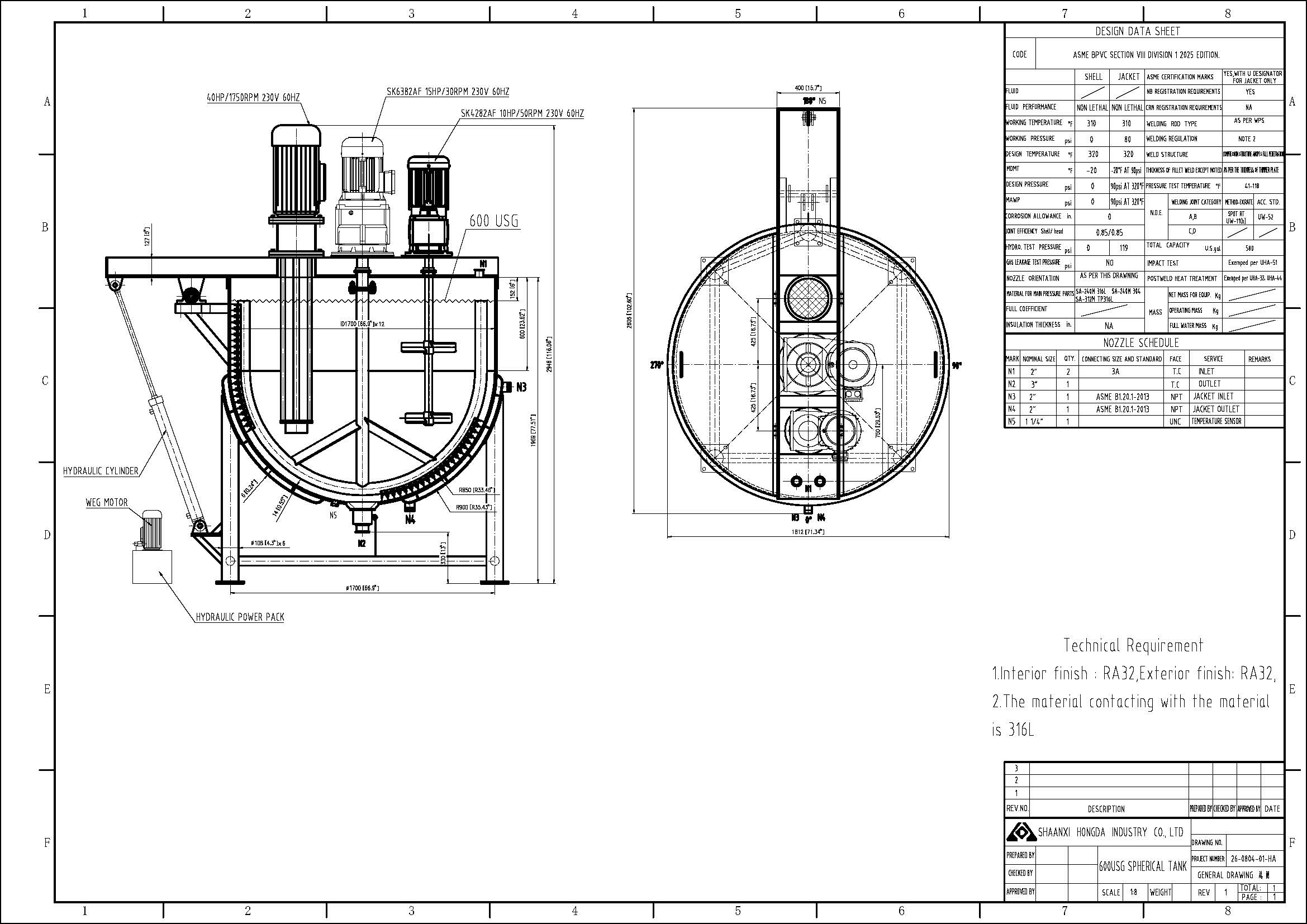 600 GALLON TRIPLE MOTION KETTLE WITH TILT OUT AGITATION - 316L S/S - 90 PSI JACKET