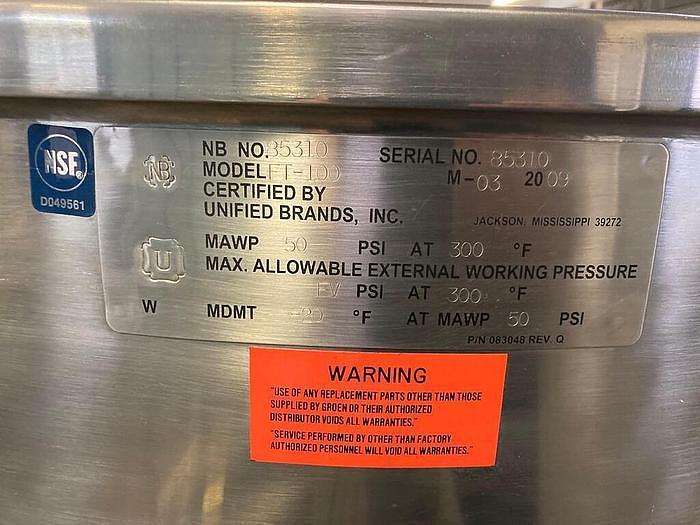 Used 100 GALLON GROEN DIRECT STEAM KETTLE - E-Z LIFT COVER