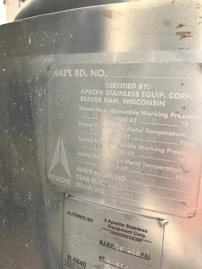 Used 600 LITER APACHE VACUUM JACKETED VESSEL - SANITARY S/S