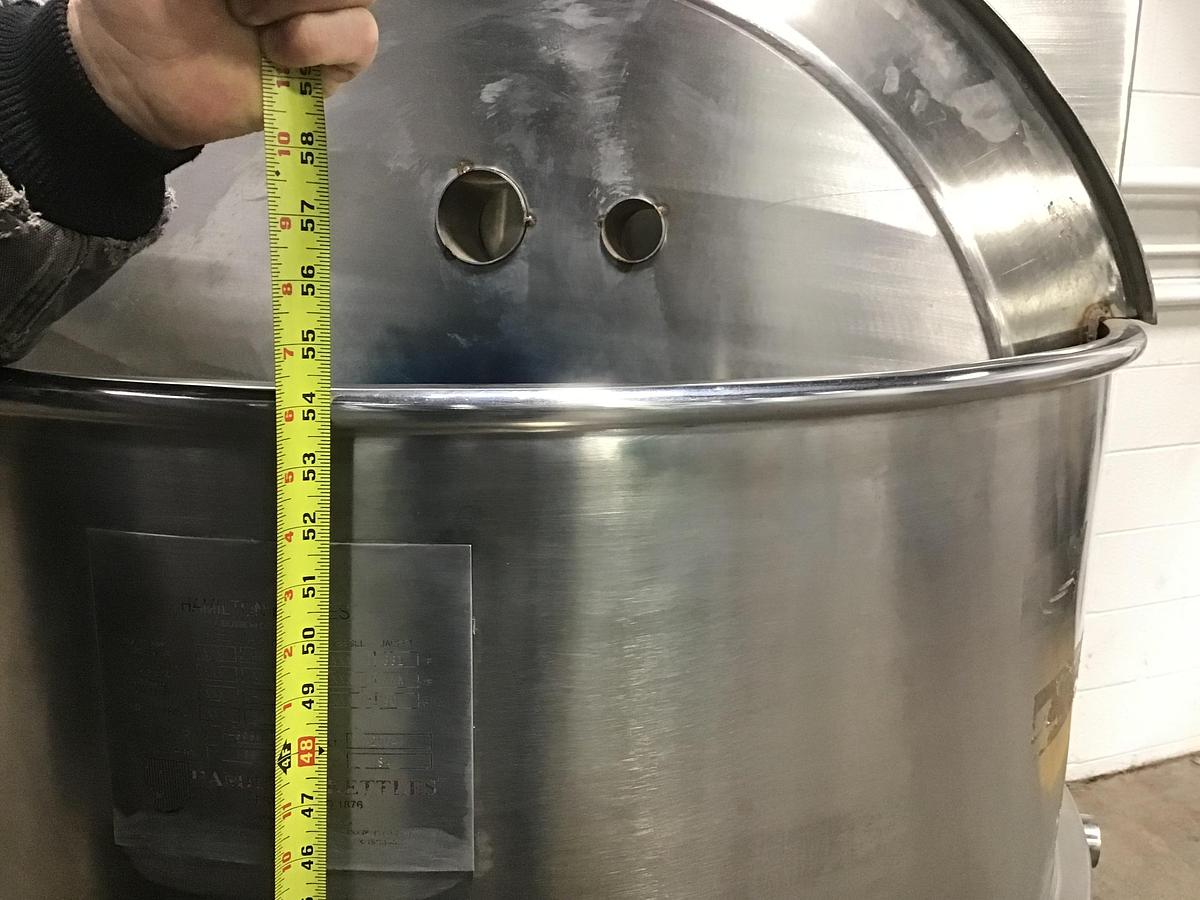 Used 100 GALLON HAMILTON SINGLE MOTION KETTLE - S/S - 90 PSI JACKET