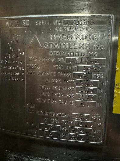 Used 130 GALLON (500-LITER) PRECISION STAINLESS INC. REACTOR VESSEL JACKETED
