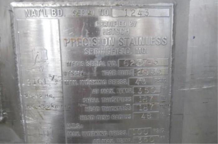 Used 264 GALLON (1000 LITER) PRECISION STAINLESS PHARMA GRADE REACTOR - 316L S/S - 40 PSI/FV INTERNAL - 100 PSI JACKET