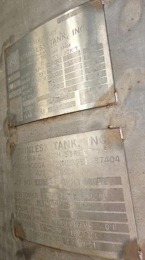 Used 450 GALLON VERTICAL VESSEL - T-316L S/S - 100 PSI/FV