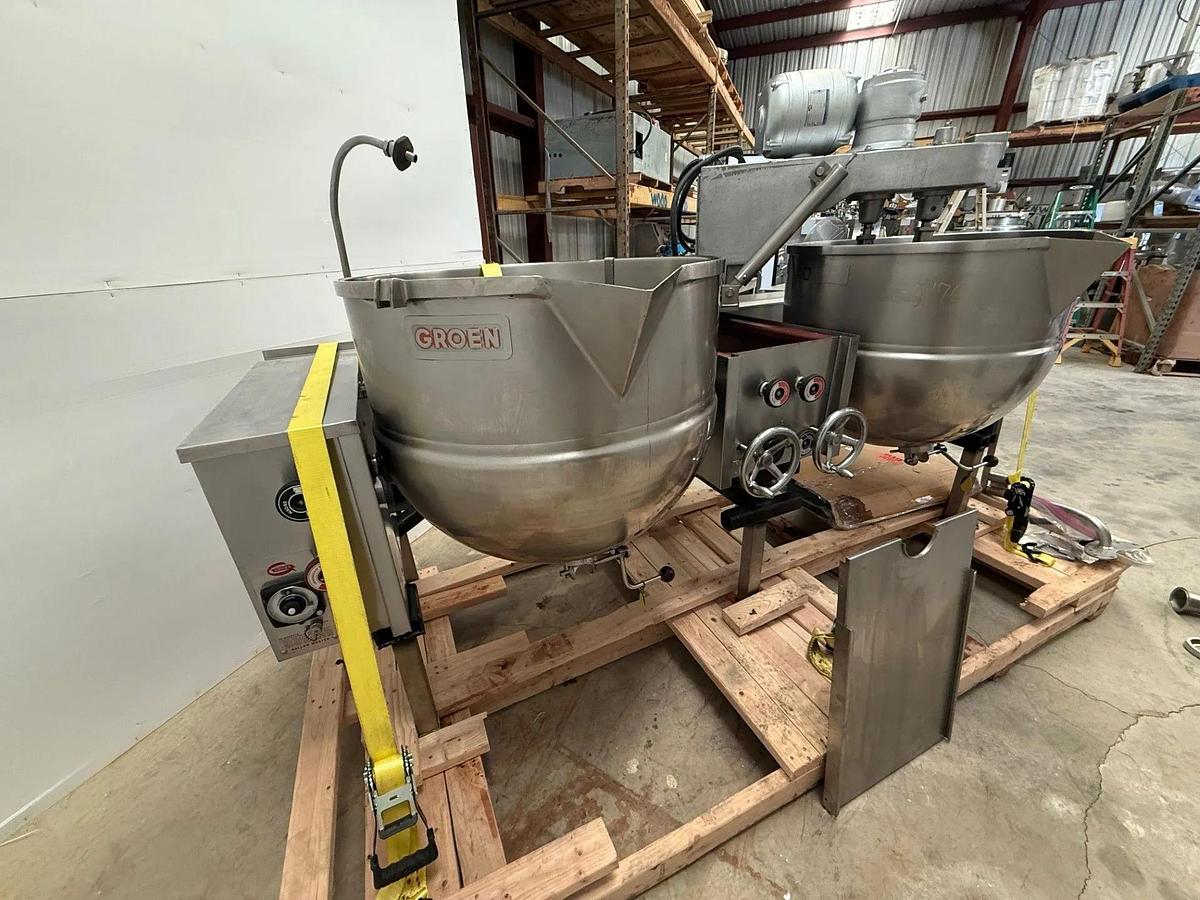 Used DUAL 60 GALLON GROEN TILTING AGITATED KETTLES - 25 PSI