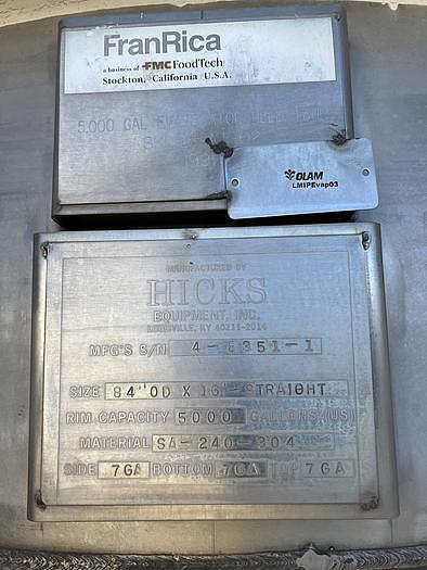 Used 5000 GALLON HICKS S/S 15 HP EVAPORATOR FEED TANK WITH BRIDGE MOUNTED AGITATOR
