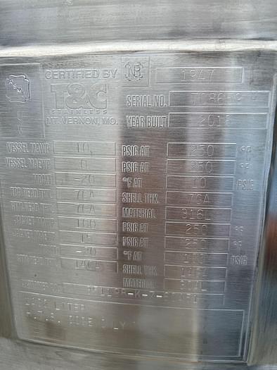 Used 370 GALLON (1400 LITER) T & C AGITATED REACTOR - 316L S/S - JACKETED