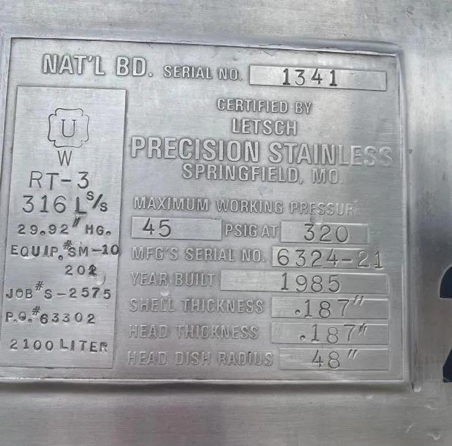 Used 550 GALLON (2100 LITER) PRECISION STAINLESS VACUUM MIX TANK - 316L S/S