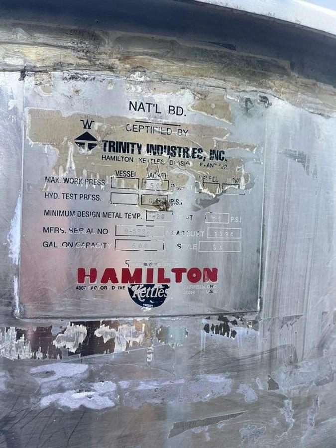 Used 600 GALLON HAMILTON KETTLE - S/S - 50 PSI JACKET