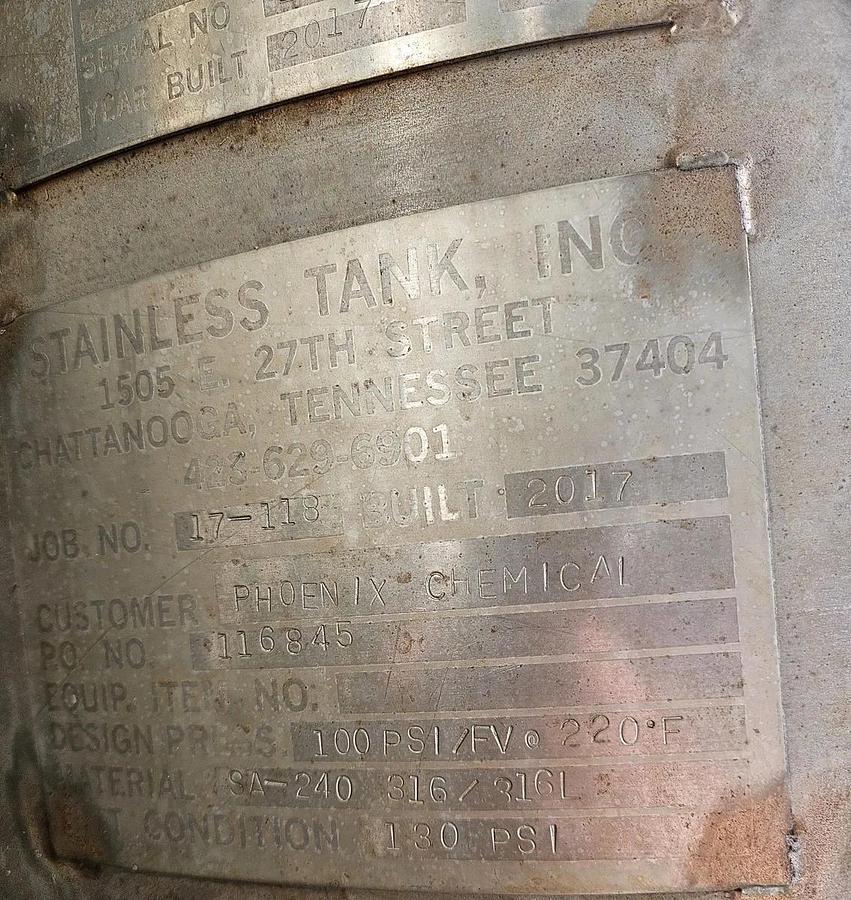 Used 450 GALLON VERTICAL VESSEL - T-316L S/S - 100 PSI/FV