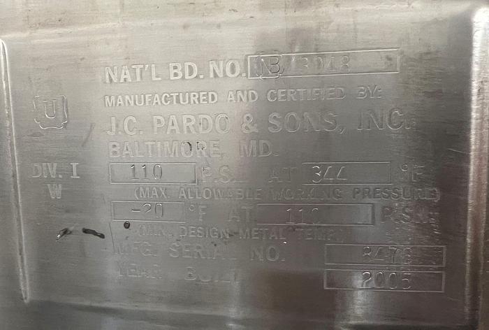 Used 600 GALLON PARDO STEAM JACKETED KETTLE - S/S - 110 PSI JACKET - AGITATION OPTIONS