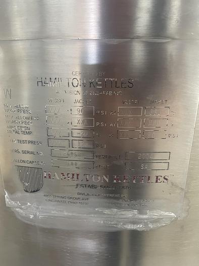Used 100 GALLON HAMILTON SINGLE MOTION KETTLE - S/S - 90 PSI JACKET