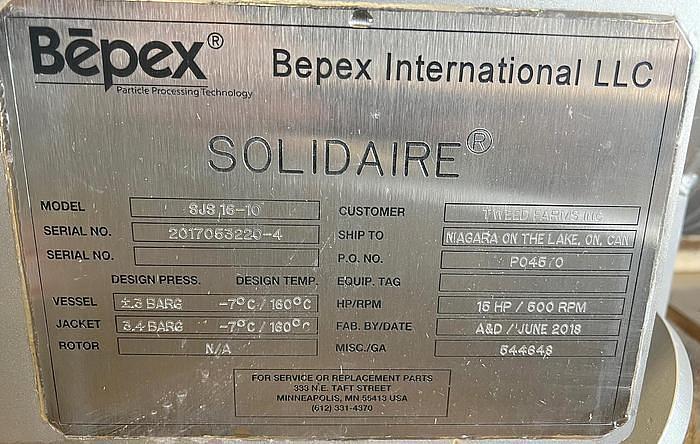 Used 16" DIA. x 10' L BEPEX SOLIDAIRE PADDLE DRYER - S/S - JKTD.