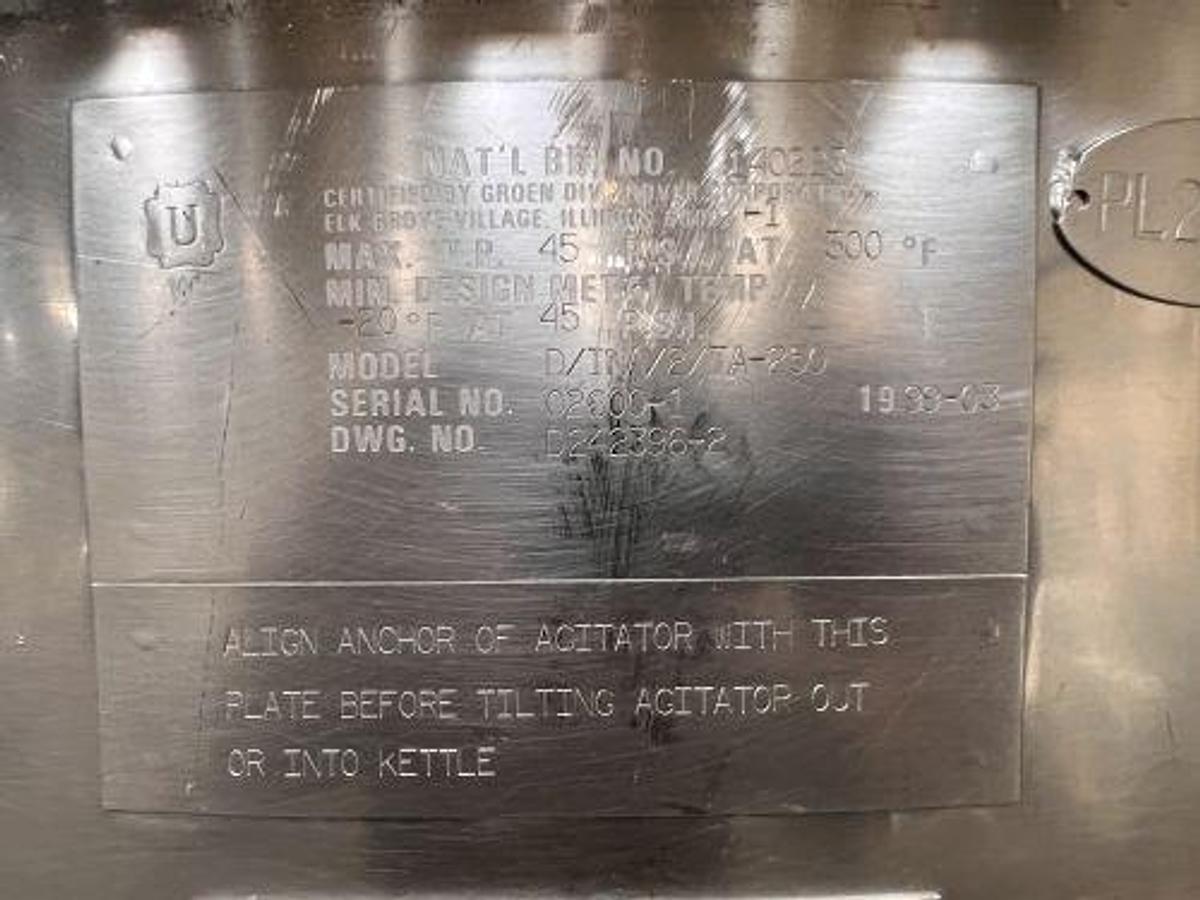 Used 250 GALLON GROEN SINGLE MOTION KETTLE - TILT OUT AGITATION WITH TILT DISCHARGE