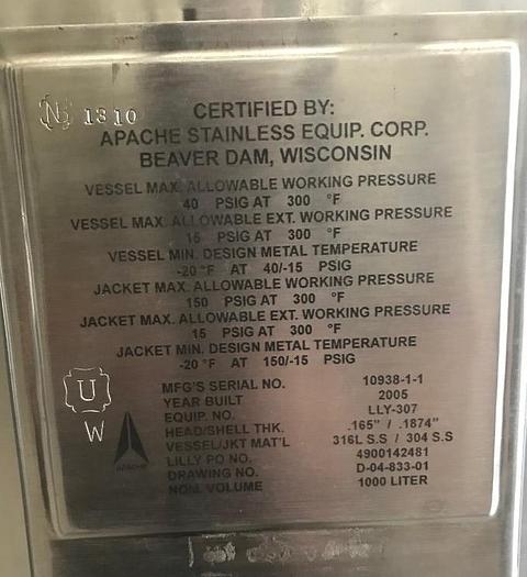Used 264 GALLON (1000 LITER) PRECISION STAINLESS PHARMA GRADE REACTOR - 316L S/S - 40 PSI/FV INTERNAL - 100 PSI JACKET