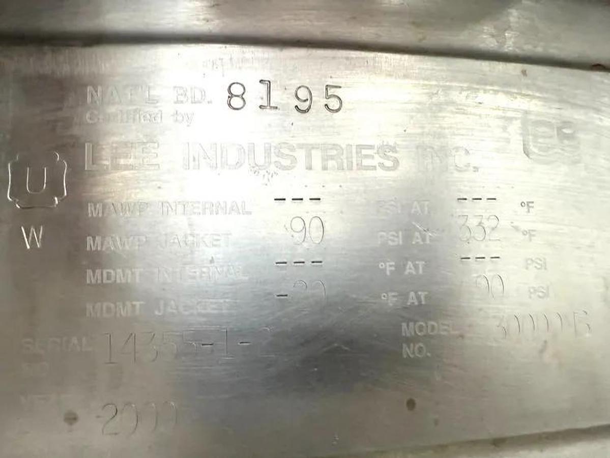 Used 300 GALLON LEE DOUBLE MOTION KETTLE - S/S - 90 PSI JACKET