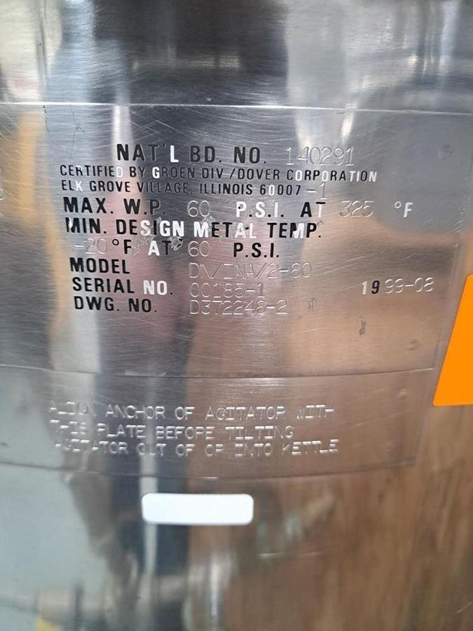 Refurbished 60 GALLON GROEN KETTLE WITH SINGLE MOTION INCLINE AGITATION - S/S - 60 PSI