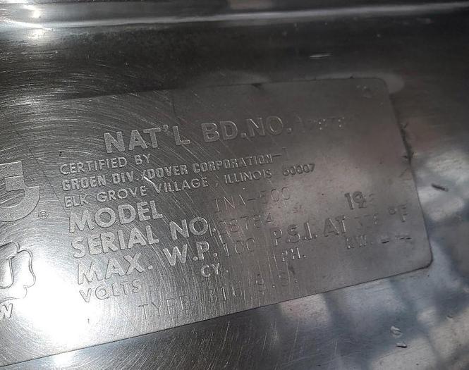 Used 500 GALLON GROEN KETTLE WITH INCLINE SWEEP SCRAPE AGITATION - 316 S/S - 100 PSI JACKET