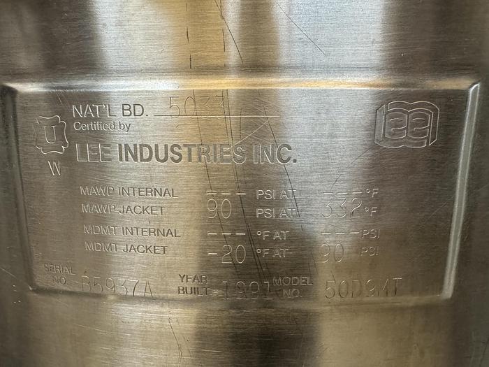 Refurbished 50 GALLON LEE DOUBLE MOTION KETTLE - S/S 90 PSI JACKET