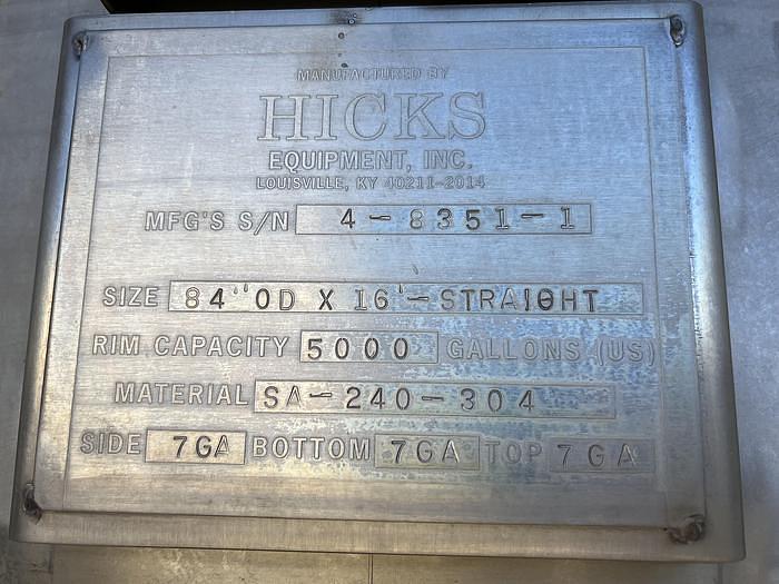 Used 5000 GALLON HICKS S/S 15 HP EVAPORATOR FEED TANK WITH BRIDGE MOUNTED AGITATOR
